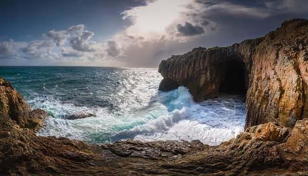 dramatic coastal scene ocean waves crashing against rugged cliffs sea cave beach - Powered by Adobe