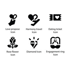 Love propose, Harmony travel, Dating ticket, Rose flower, Diamond, Engagement ring, icon