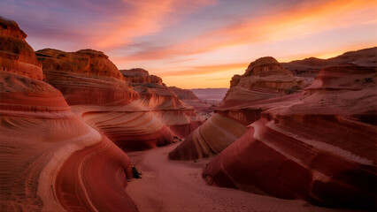 Swirling Red Rocks Illuminate Under the Vibrant Sky, Nature’s Artistry in Motion