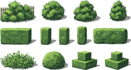 Garden bushes, trimmed hedges, landscaping design, hedge shapes, topiary art, natural foliage, garden layout, bush variety, outdoor greenery, plant styling