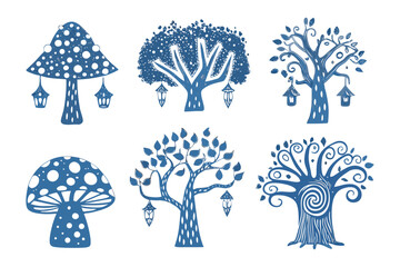 Enchanted Forest Elements: Hand-drawn trees and magical mushrooms in various enchanting designs, perfect for whimsical illustrations or decorative graphics.