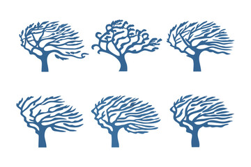Windy Tree Silhouette Collection: Six unique silhouette illustrations of trees bending and swaying in the wind, evoking nature's resilience and the raw power of the elements.
