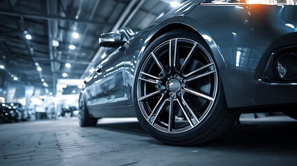 Sleek Modern Car Wheel Close Up With Reflective Surface Under Industrial Lighting