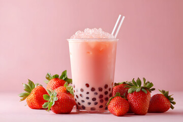 Pink Strawberry Boba Tea with Tapioca Pearls in Clear Cup