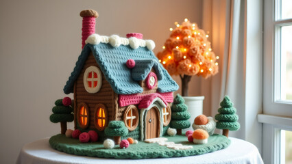 Handmade crochet gingerbread house with tree on table by the window