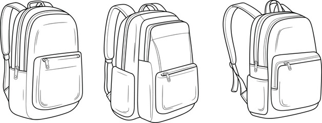 Backpack CAD drawing, flat vector illustration, multi-view design, travel backpack, school bag, outdoor gear, fashion accessory, technical sketch © Shahadot Creatives