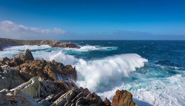 powerful waves crashing against rugged coastal rocks on the baiona coast in southern galicia creating a striking mix of blue water and white foam