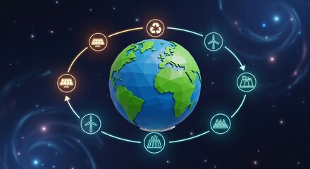 Illustration of earth with renewable energy icons showcasing sustainability.