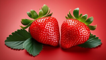 fresh ripe red strawberries with green leaves isolated on a red background