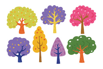 Colorful Tree Collection: A vibrant ensemble of illustrative trees, each showcasing unique shapes, sizes, and palettes, symbolizing nature's diversity and the beauty of the outdoors.