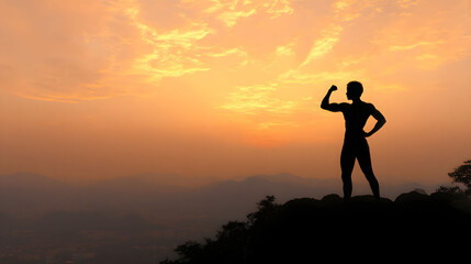 Silhouette of a Muscular Person Posing on a Mountaintop at Sunset