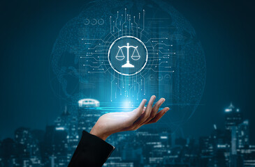 Futuristic digital law interface displaying justice scale, highlighting digital law, AI compliance,...