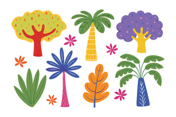 Colorful Trees and Foliage: A vibrant collection of diverse trees and foliage, each rendered in a whimsical and artistic style, creating a cheerful and nature-inspired composition.