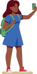Young girl taking selfie with smartphone wearing blue dress and green backpack vector illustration