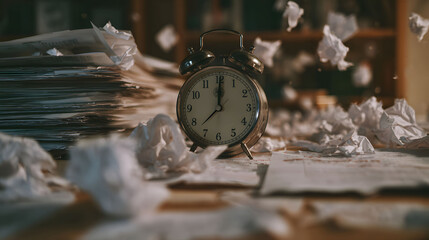 Silver Alarm Clock Amidst Crumpled Papers and Documents on Wooden Desk