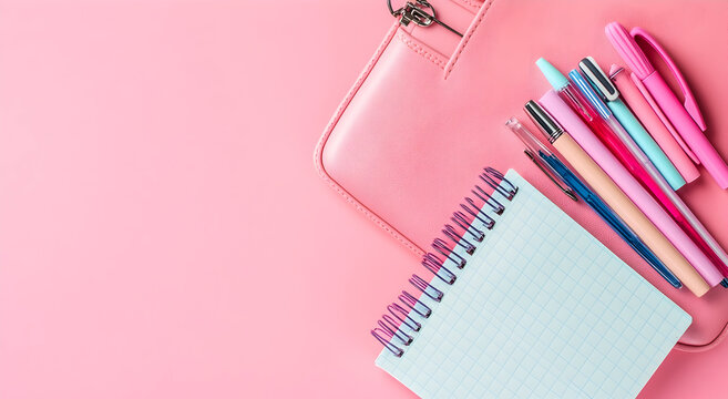Pink stationery flat lay with pens notebook and makeup bag on a pastel pink background
