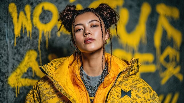 Streetwear-inspired fashion show a cool woman model in oversized jacket urban runway graffiti-covered walls