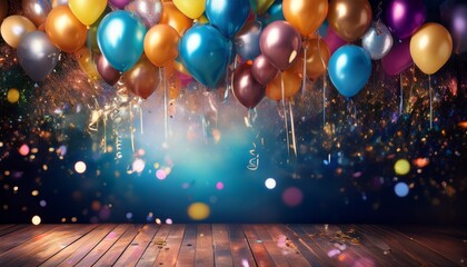 a magical take on a vibrant birthday banner filled with colorful balloons and confetti