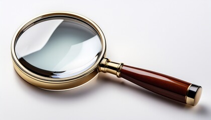 a magnifying glass is isolated on a white background highlighting its clear lens and ergonomic handle