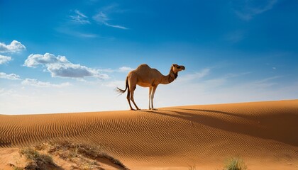 a majestic dromedary camel stands in the golden desert sands under a clear blue sky