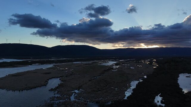 Karacabey Longoz Forests at Dawn: A Majestic Aerial View of Bursa's Floodplain Wilderness with Distant Wind Turbines and Golden Sunbeams.