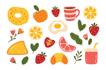 Breakfast Collection: An assortment of vibrant, delicious breakfast essentials, artistically arranged to evoke a sense of freshness and culinary delight. Including fruit, egg, and other healthy foods.