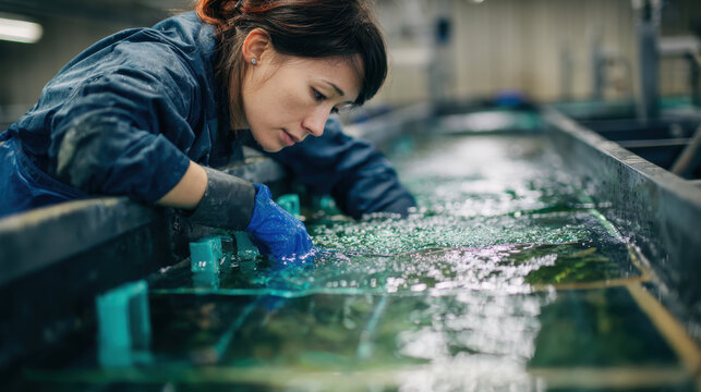 Aquaculture technician inspecting water quality in indoor fish tank facility