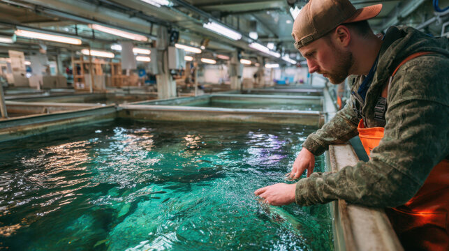 Man in cap testing water quality in fish farming facility surrounded by tanks under fluorescent lights