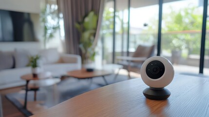 Modern security camera on a wooden table in a living room.