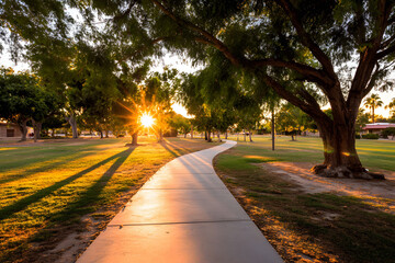 Fototapeta premium Sunset Pathway in a Park Golden Hour Light and Shadows on a Concrete Walk