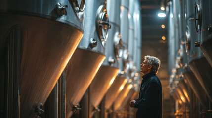 Brewer inspecting large stainless steel fermenting tanks in a modern brewery illuminated by industrial lighting