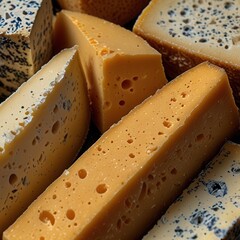 Sophisticated Flat Lay Macro of Artisan Cheese with Rustic Surfaces and Creamy Interiors
