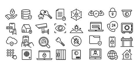 Safety, security and protection concept editable stroke outline icons set isolated on white background flat vector illustration.