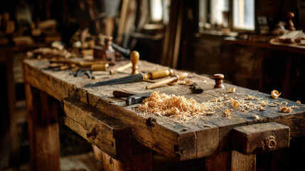 Woodworker's bench with hand tools and wood shavings in a rustic workshop bathed in warm natural light