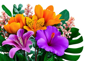 A vibrant bouquet of Hibiscus, Alstroemeria, and other colorful flowers with tropical leaves on a white background.