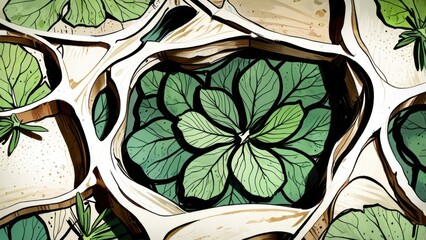 Detailed Anime Botanical Collection in Rustic Wooden Grid Display with Leaf Variety

