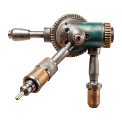 Vintage hand crank drill with green accents and metal components isolated on transparent background