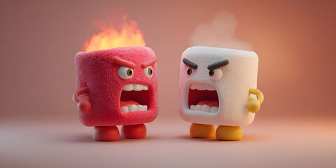 Two Angry Marshmallow Characters Arguing, 3D Render