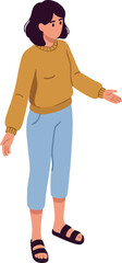 Young woman wearing yellow sweater and blue pants standing with open arms casual style vector illustration