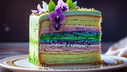 Artistic Anime Green Layer Cake Adorned with Purple Cartoon Flowers and Fine Purple Cream