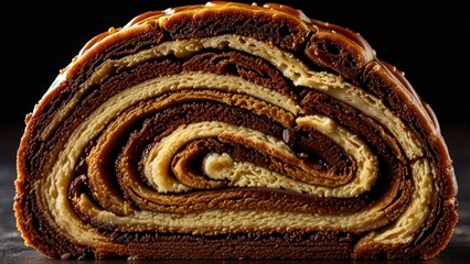 Jewish Chocolate Babka Slice Macro with Swirling Chocolate Cross-section