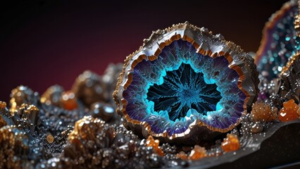 Macro Sci-Fi Geode with Sparkling Crystal Cavities and Luminous Core