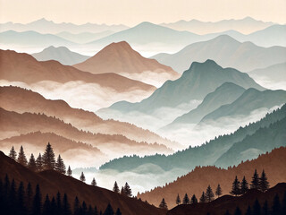 Illustrated Abstract Misty Mountains in Earth Tones - Peaceful Landscape Wall Art Ai-Generated
