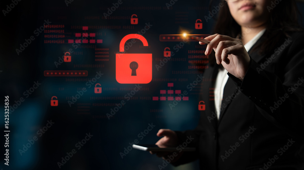 Poster digital security concept illustrating a cybersecurity breach, with a red unlocked padlock indicating