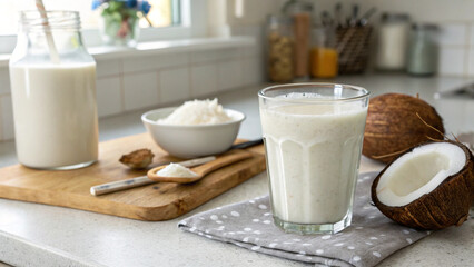 Coconut milk in glass with coconut flakes and whole coconut on counter