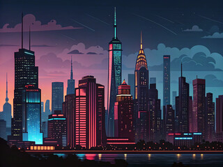 Modern Abstract City Skyline at Night with Neon Streaks - Digital Wall Art Print Ai-Generated