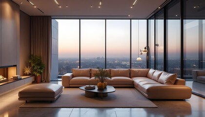 Sectional leather sofa in an urban penthouse living room with panoramic city views, glass walls, and polished floors .