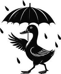 Black and white vector silhouette illustration of an upright duck walking while holding an open umbrella against a white background