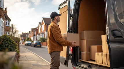 Delivery driver unloading cardboard box from van on residential street