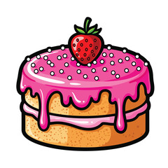 Cute cartoon illustration of a pink frosting cake with a strawberry.